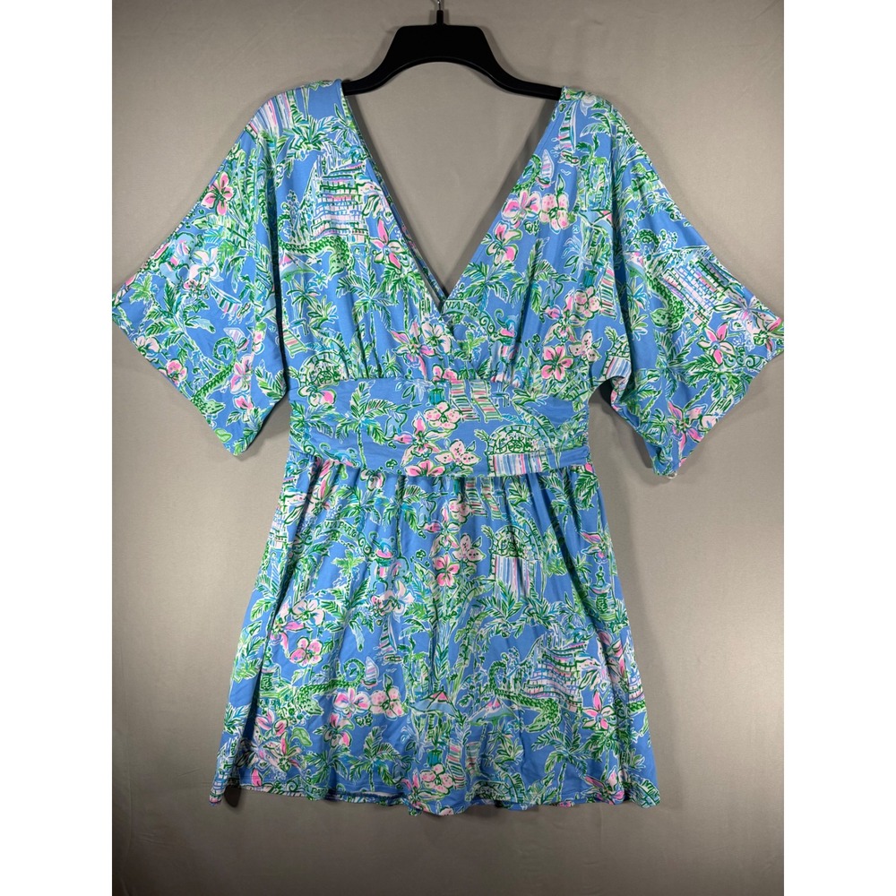 Lilly Pulitzer Via Palm Knit Skort Romper Blue Floral V-Neck Kimono Sleeve Mediu